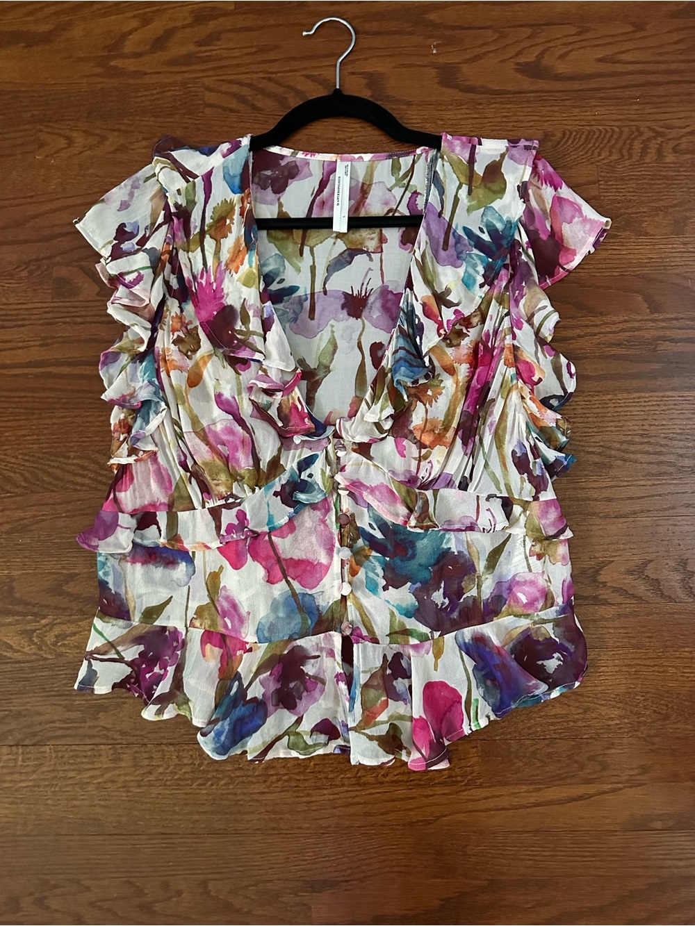 [L] Anthropologie FLUTTER-SLEEVE V-NECK BLOUSE